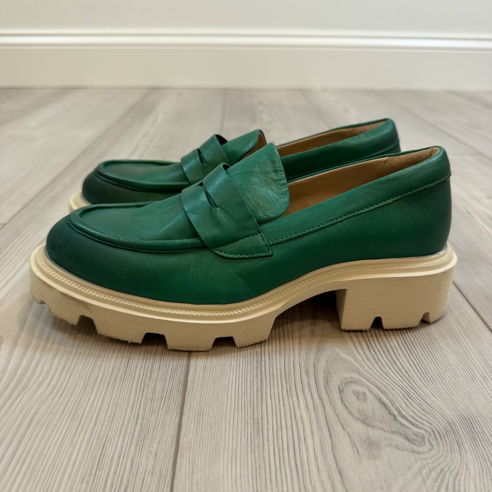 Miz Mooz Torin Kelly Green Leather Lug Sole Penny Loafers EU 39 US 8.5-9